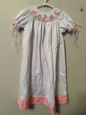 Classic Whimsy White Smocked Dress with Pink Bunny Embroidery